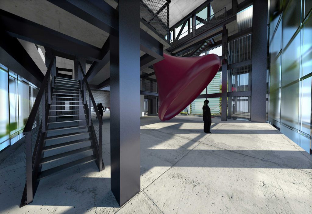 A large red chair in front of a building